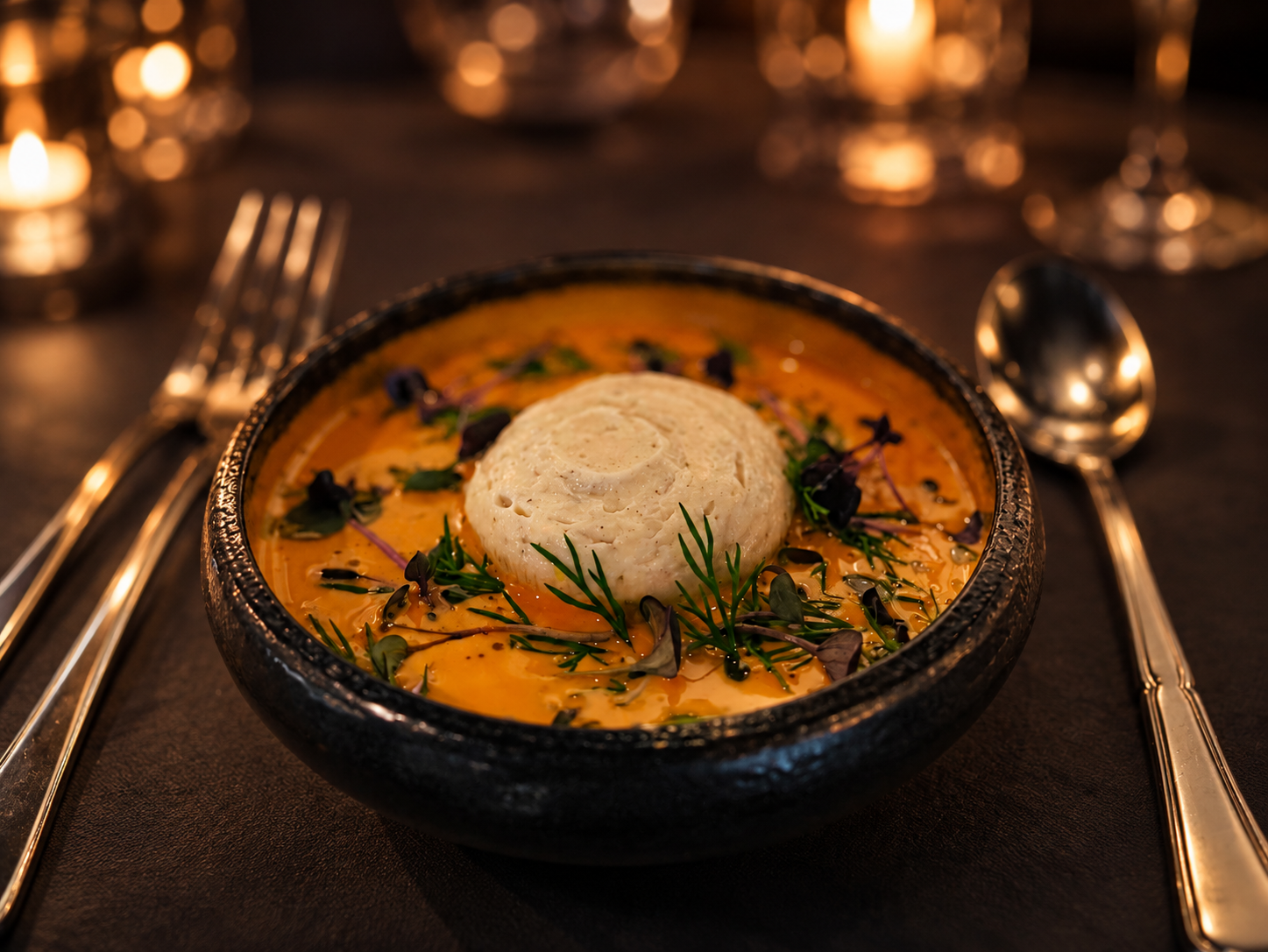 Hummerbisque med fiskesoufflé, urteolie og urter