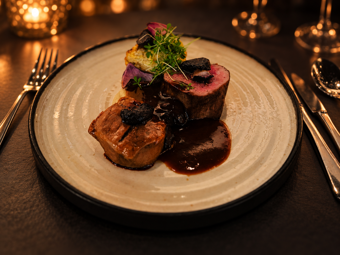 Rosastegt kalvemørbrad og braiseret spidsbryst med pommes royale og rødvinssauce