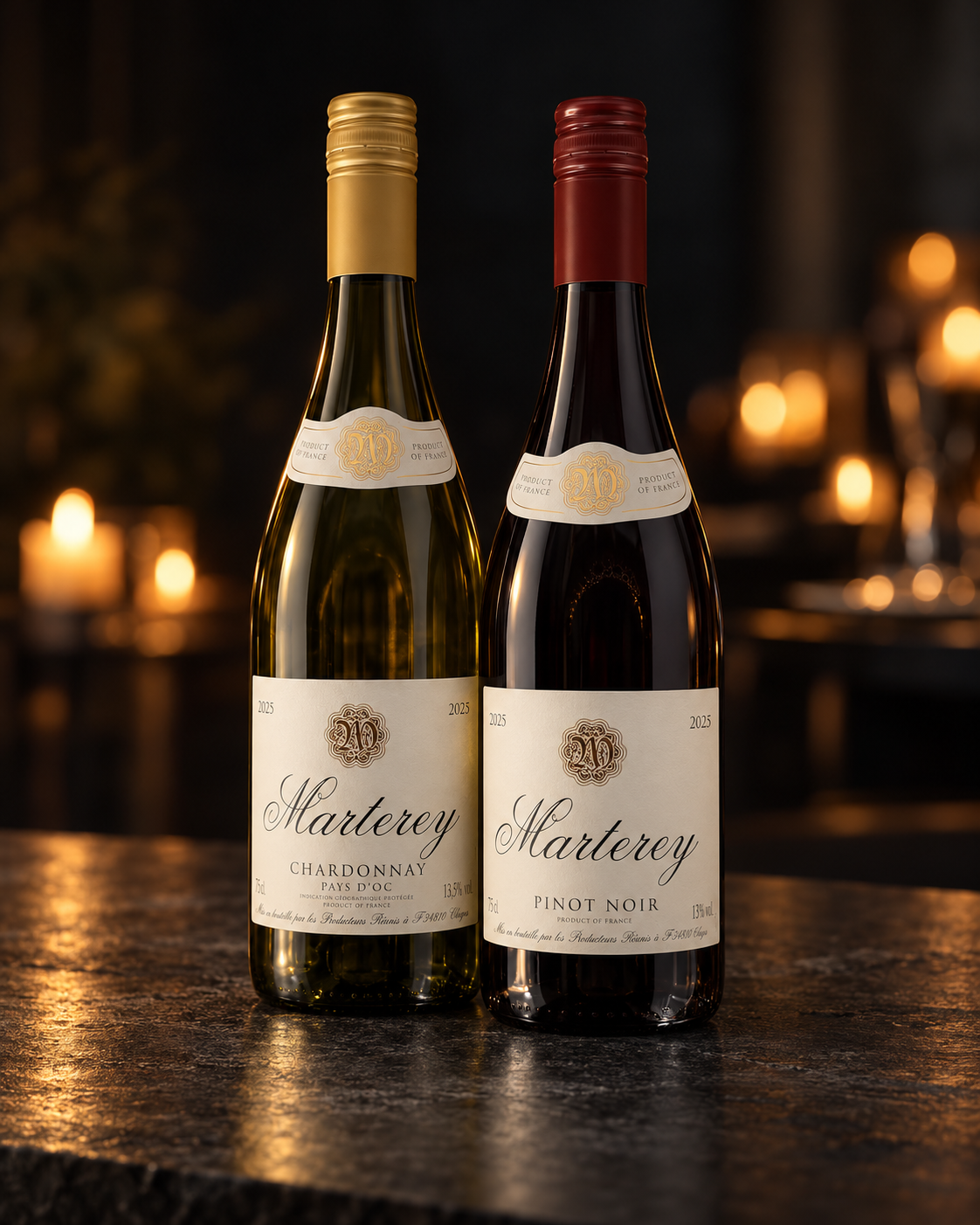 Marterey Chardonnay og Marterey Pinot Noir i varmt aftenlys